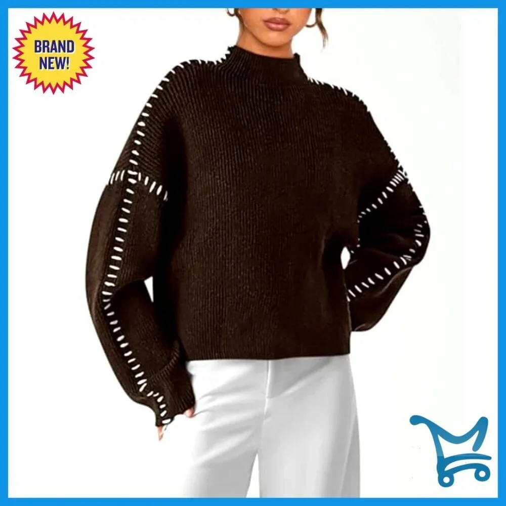 Chunky Knit Mock Neck Oversized Pullover Sweater Fall Winter Fashion Tops